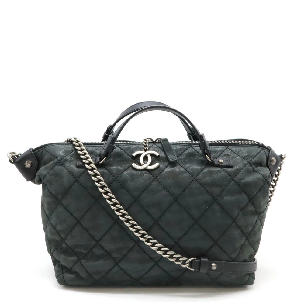 CHANEL Wild Stitch Handbag Tote Bag Shoulder Chain Sparkle Leather Black
